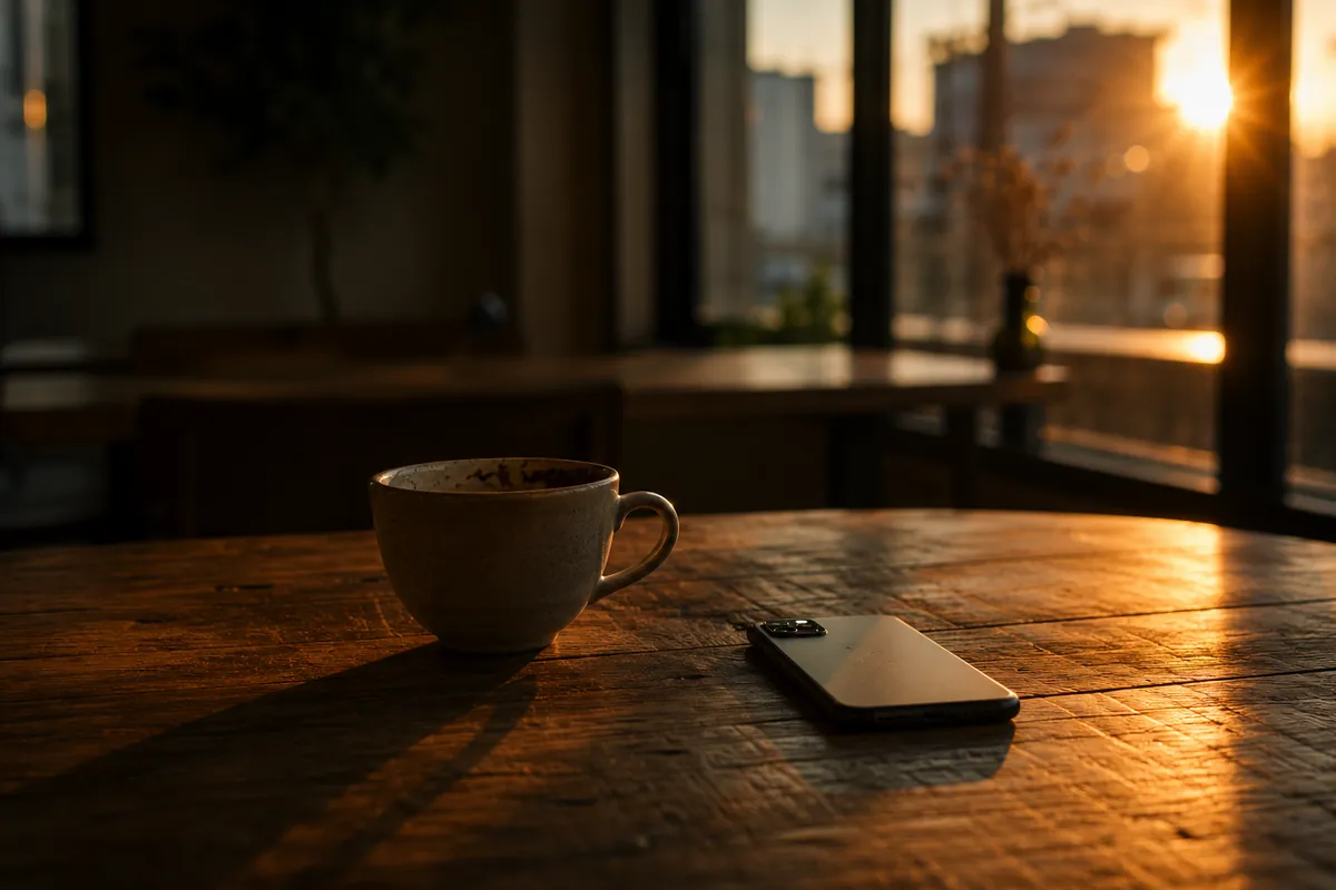 夕方のカフェでスマートフォンを見ながら考え込むオーナー