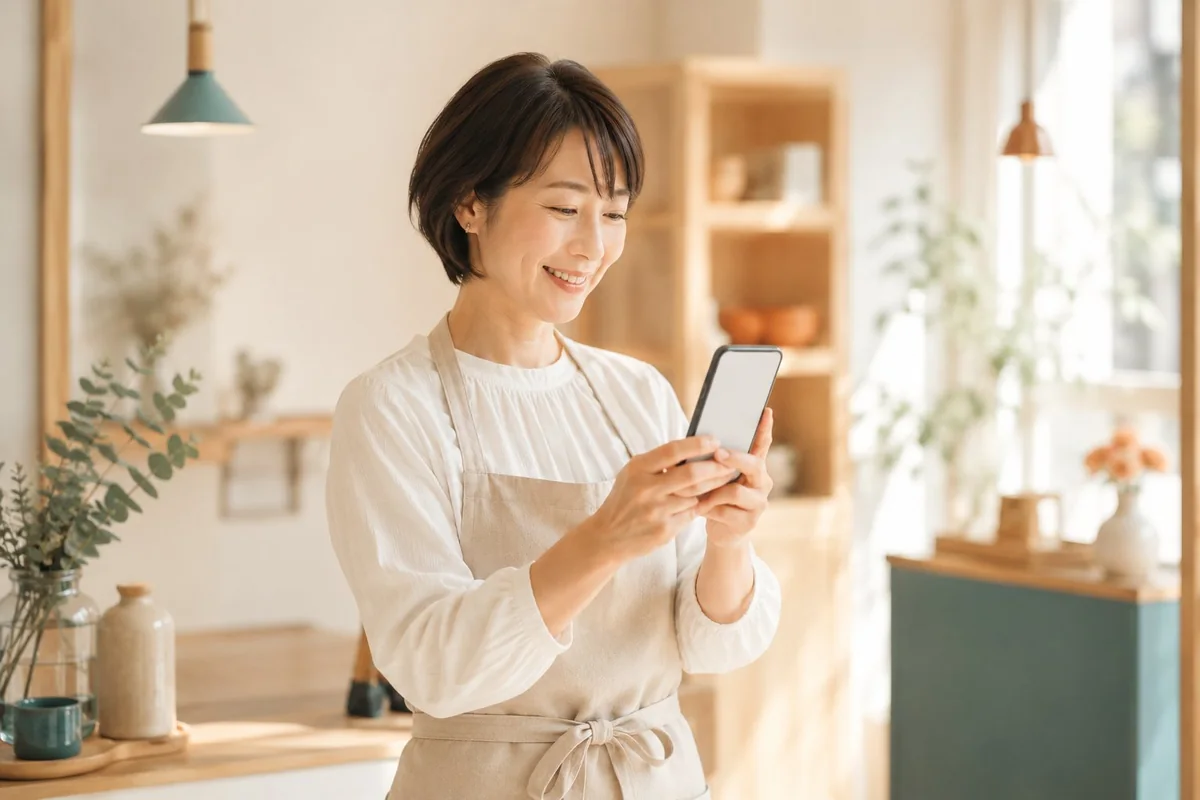 スマートフォンでお客様とやりとりする中小事業者のイメージ
